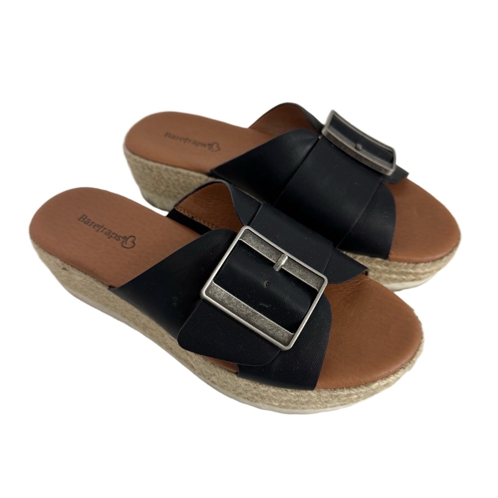 Baretraps Sandals Slip On One Strap Large Buckle Espadrille Sole Low Wedge Sz 6